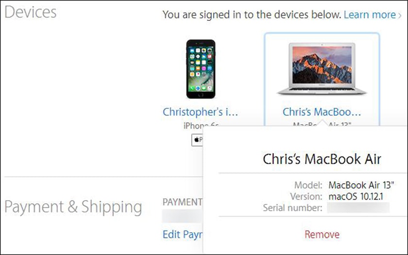 Check serial macbook bằng tài khoản Apple ID.