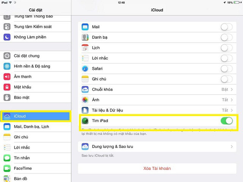 Vào cài đặt → iCloud → Bật tính năng tìm iPhone/ iPad.