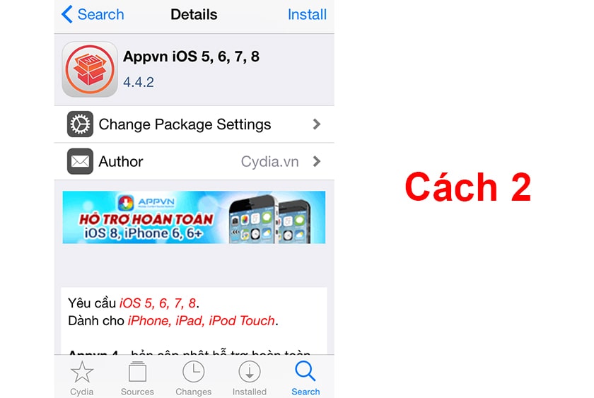 ứng dụng Cydia tìm kiếm theo từ khóa Appvn iOS 5, 6, 7, 8