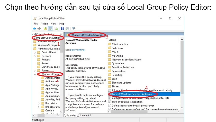 Tắt Windows Defender Win 10 bằng Local Group Policy bước 3