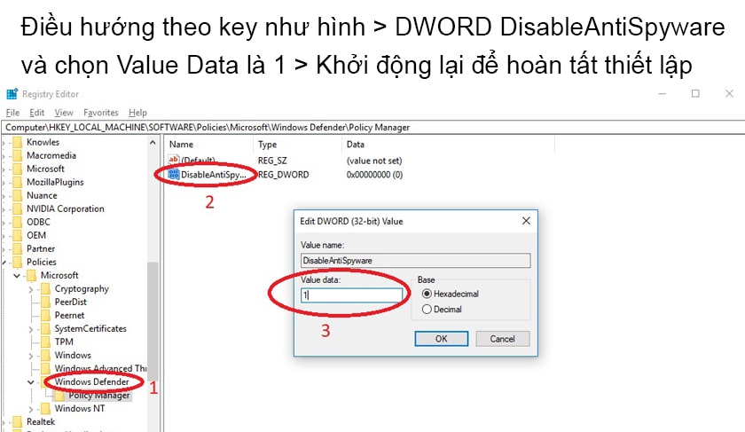 Tắt Windows Defender bằng Registry Editor bước 4