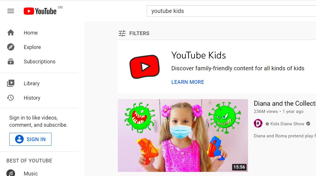 Đăng nhập trực tiếp youtube kids trên youtube khi dùng máy tính