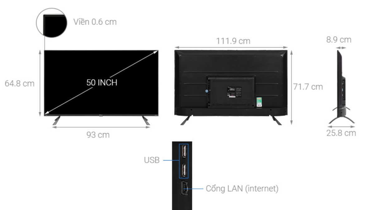 Kích thước TV Casper 50 inch được đo như thế nào? 