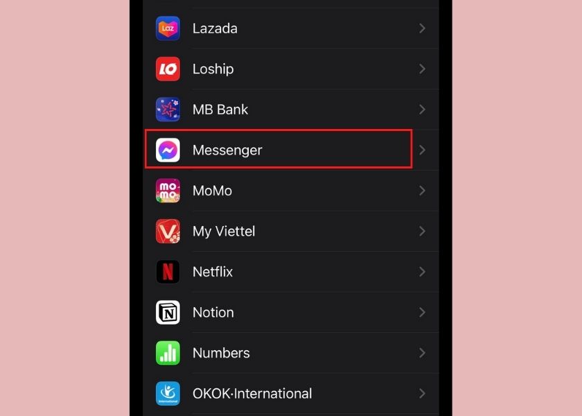 tìm ứng dụng messenger trong phần cài đặt