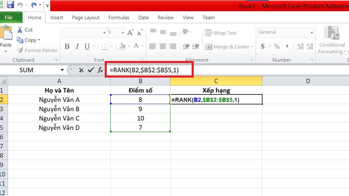 Cách dùng hàm Rank trong Excel