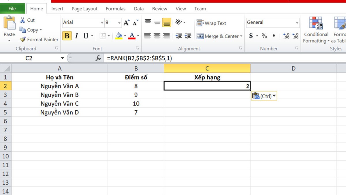 Cách dùng hàm Rank trong Excel