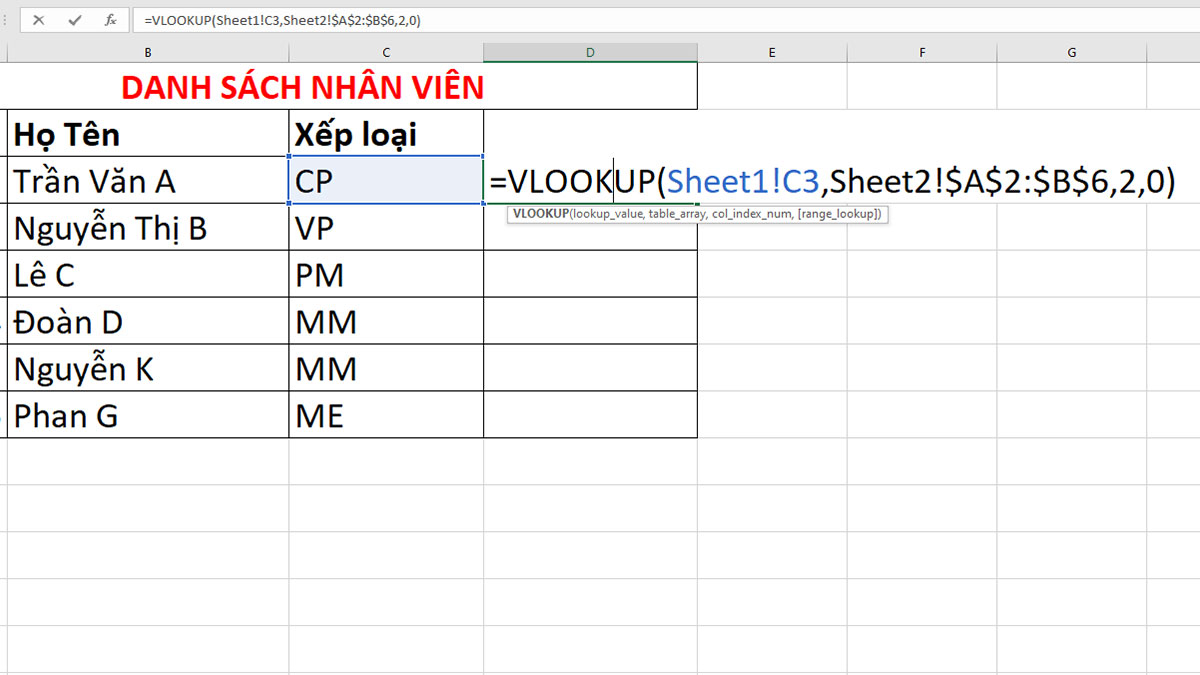Cách dùng hàm Vlookup giữa 2 sheet