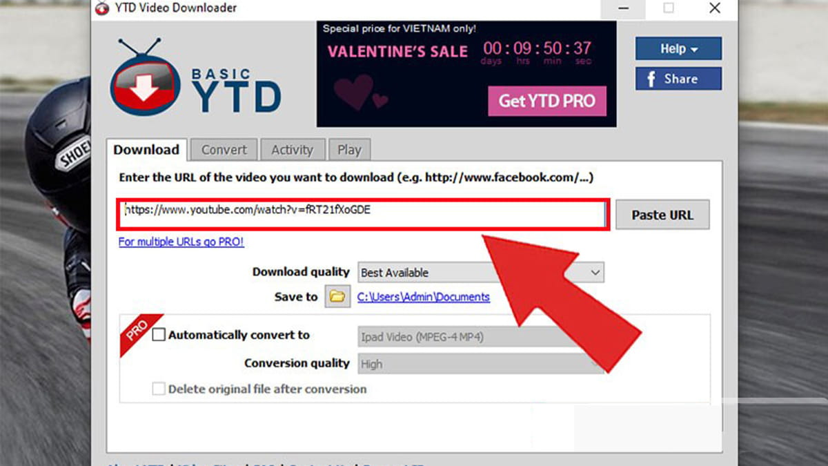 Dán URL video vào ô Paste URL của YTD Video Downloader