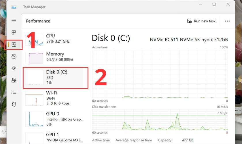 Chọn mục Performance và xem mục Disk để kiểm tra ổ cứng SSD