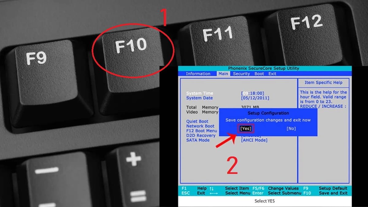 Nhấn nút F10 và chọn Yes trong hộp thoại Setup Configuration.