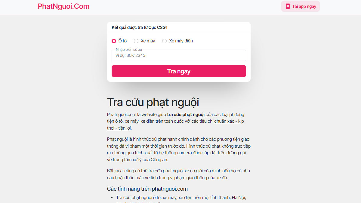 Kiểm tra online bằng website phatnguoi.com